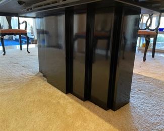 Vintage Roche-Bobois style ebony pedestal dining room table. Measures 80" - 96" L with one extension.   44" W x 29" H with 27" clearance. Photo 3 of 4. 