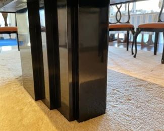 Vintage Roche-Bobois style ebony pedestal dining room table. Measures 80" - 96" L with one extension.   44" W x 29"H with 27" clearance. Photo 4 of 4. 