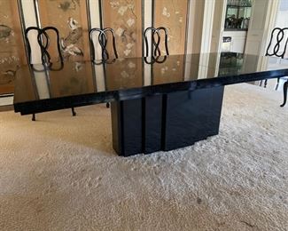 Vintage Roche-Bobois style ebony pedestal dining room table. Measures 80" - 96" L with one extension.   44" W x 29" H with 27" clearance. Photo 1 of 4. 