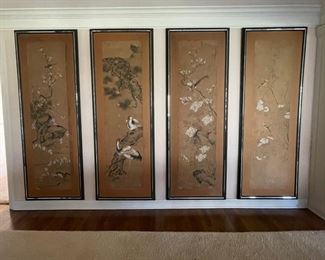 Set of 4 vintage framed panels with Asian bird/aviary motif. Each panel measures 82" H x 30" D. Photo 1 of 7. 
