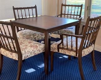 Dunbar Furniture Corp. game table and set of 4 chairs. Table measures 32" x 32" x 28" H with 25.5" clearance. Chairs measures 22" W x 18" D x 34" H with 18" seat height. Photo 1 of 5. 
