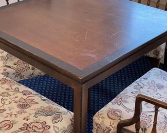 Dunbar Furniture Corp. game table and set of 4 chairs. Table measures 32" x 32" x 28" H with 25.5" clearance. Chairs measures 22" W x 18" D x 34" H with 18" seat height. Photo 2 of 5. 