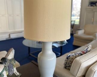 Pair of white ceramic table lamps. Measures 18" H; 34" H with Shade. Photo 2 of 2. 