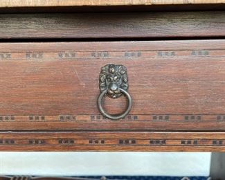 Vintage leather-topped writing desk. Measures 58" W x 38" D x 27" H.  Photo 2 of 5. 