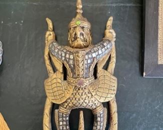 Thai gilt carved wood wall statue. 