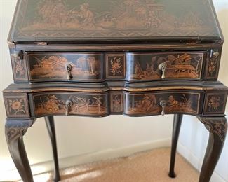 Antique ebony Hollywood Regency-style chinoiserie drop front writing desk. Measures 25" W x 14" D x 34" H. Photo 2 of 4. 
