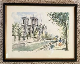 Vintage Notre Dame watercolor painting signed by artist. Measures 14" x 10". Photo 1 of 2. 