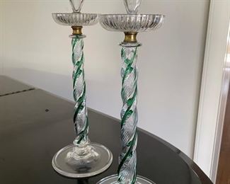 Vintage green and white barley-twist glass candlesticks. 