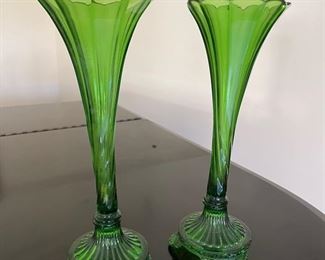 Pair of green depression glass vases. 