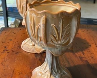Vintage Fenton Cactus pattern caramel brown slag glass footed compotes - 2 available. 