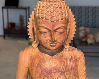 Hand-carved wood Buddha figurine on stand. Measures 17" H. Photo 3 of 3. 
