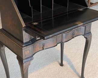 Antique ebony Hollywood Regency-style chinoiserie drop front writing desk. Measures 25" W x 14" D x 34" H. Photo 3 of 4. 