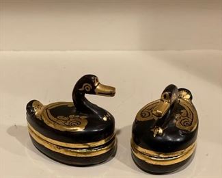 Vintage Thai ebony duck pill boxes with gold trim. 