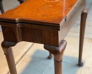 Antique flip-top leather-topped game table. Measures 28" x 28" x 28.5" H. Depth is 15" D when table collapses. Photo 3 of 6. 