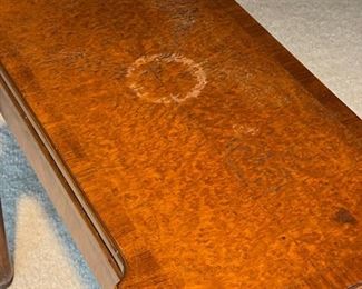 Antique flip-top leather-topped game table. Measures 28" x 28" x 28.5" H. Depth is 15" D when table collapses. Photo 4 of 6. 
