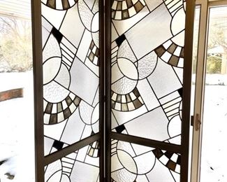 Art Deco Stain Glassed Two-Panel Screen. Each panel measures 82" H x 32" H. 