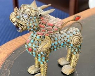 Antique Tibetan Foo Brass Dog with turquoise & coral beading. Photo 1 of 2. 