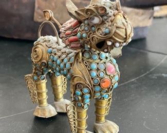 Antique Tibetan Foo Brass Dog with turquoise & coral beading. Photo 2 of 2. 