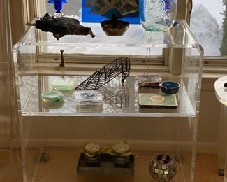 Lucite Bar Cart. Measures 26" W x 15" D x 27" H. 