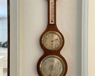 Chelsea Banjo Weather Station - clock, thermometer, barometer and hygrometer - in walnut case with binding. Measures 38" H. Photo 1 of 4. 