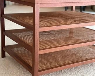 Mid-20th Century Paul McCobb Three-Tier magazine table with cane shelving and leather top. Measures 22" x 28" x 20" H. Photo 3 of 4. 