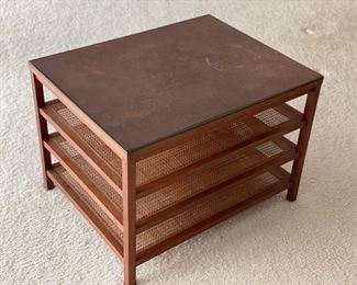 Mid-20th Century Paul McCobb Three-Tier magazine table with cane shelving and leather top. Measures 22" x 28" x 20" H. Photo 1 of 4. 