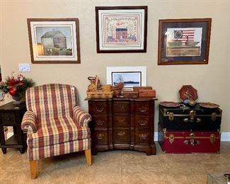 Ethan Allen plaid chair, chest of drawers, Longaberger baskets, & footlockers/trunks