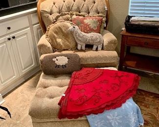 Comfy tufted chair with ottoman with cute hook-rugged lamb pillow & stool