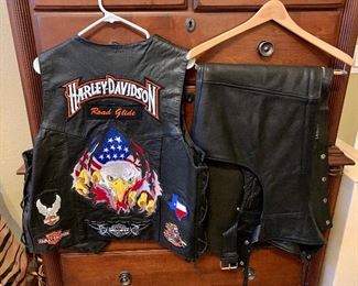 Leather motorcycle vests and chaps