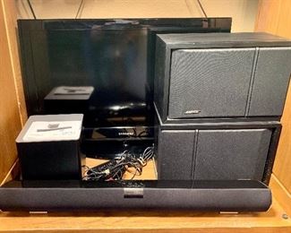 Samsung TV, VIZIO soundboard with wireless subwoofer, and nice Bose speakers