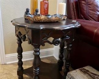 Carved wood side table, an antique shoe shine box, & cast iron bank
