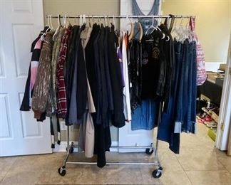 Assortment of Mens coats and leather jackets. Harley Davidson & motorcycle wear like leather chaps, leather vests and motorcycle jackets