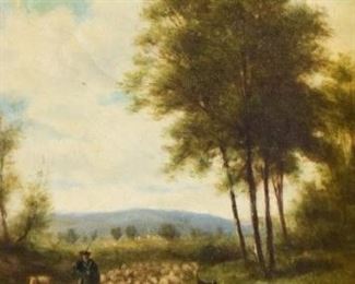 2	Oil Painting On Canvas Landscape With Shepherd	19th Century Continental genera scene. A shepherd with his flock, a town in the distance. Sight size 15 1/2"x 11 1/2", overall size 22" x 18". Losses to frame, repair to upper left of painting in sky, crazing throughout.