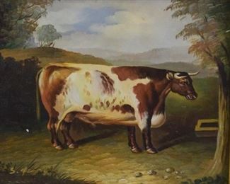 7	19th Century Oil Painting On Board Cow	Continental 19th Century oil painting on board. Cow standing in forested hills. Signed illegibly lower left . Sight size 8" x 10". Overall size 13 1/2" x 15 1/4". Two white paint specks on painting.