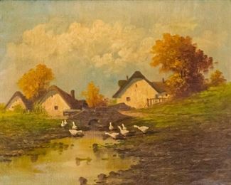 11	Oil On Canvas Village Landscape With Ducks	Unsigned 18th/19th century oil on canvas, a Hungarian village landscape, with ducks. Repair upper right, dents in canvas lower left. 15 1/2" x 19 1/2" (with frame 20 1/4" x 24 1/4").