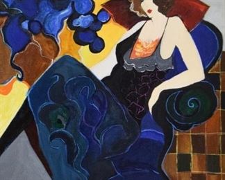 14	Tarkay Mixed Media on Canvas Lady in Red Hat	Itzchak Tarkay (Israeli, 1935-2012). Acrylic over serigraph on canvas Lady in a Red Hat. Signed lower right. 17" x 17" (overall 26 1/2" x 26 1/2")