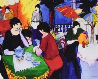 19	Tarkay Embellished Giclee Lunch in Hand	Itzchak Tarkay (Israeli, 1935-2012). Hand embellished giclee on canvas, Lunch in Hand. Signed in the print lower right. 17 1/2" x 26" (overall 25" x 33")