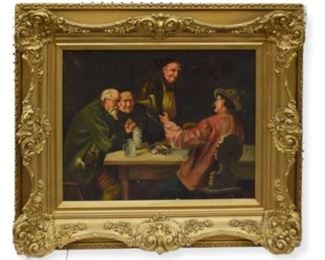 21	Signed Golino Oil on Canvas Interior Scene	Signed Golino interior scene. Signed lower right. 15 1/2" x 19 1/2" (overall with frame 25 1/2" x 29"). Repairs, tears, paint loss