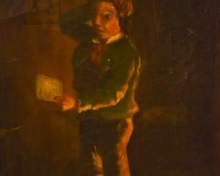 19th Century still life. Oil on canvas genre scene with dog and man. Signed lower left "Daniels". Sight size 16" x 13". Overall size 22" x 20". Dents throughout. Crazing throughout.