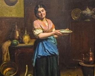 23	Franz Meerts Oil on Wood Panel Woman With Kittens	Franz Meerts (Belgian, 1836-1896). Oil on wood panel interior scene with a woman feeding kittens. Signed lower right. 21" x 15" (with frame 29 1/2" x 22 3/4")