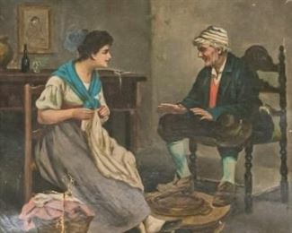 24	Luca Sacco Oil on Canvas Interior Scene	Luca Sacco (Italian, 1858-1912). Oil on canvas interior scene with a man and a woman. Signed lower right. 19 1/2" x 15 1/2" (with frame 28" x 23 2/4"). Scratched and paint loss throughout, 2" vertical tear upper left, small tear upper right, 2" vertical x 2" horizontal tear lower left.