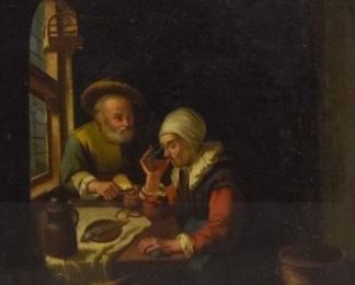 26	Oil on Canvas Continental Genre Scene The Carrolls	Unsigned 19th century interior scene of a man and woman by a window. With partial Costa & Conti Medal of Distinction Italian Exhibition label on verso, and titled The Carrolls, with additional illegible writing and dated 1867 on stretcher. 14" x 12" (with frame 21" x 19"). Crazing, losses to gilt frame.