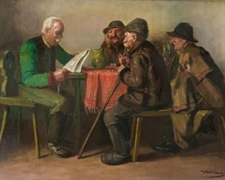 25	George A. Horvath Oil on Canvas Interior Scene	George A. Horvath (Canadian/Hungarian, 19th/20th century). Oil on canvas interior scene men at a table. Signed lower right Horvath G.A. 28 1/2" x 39 1/4" (with frame 36" x 46"). Relined, restoration to man smoking pipe's sleeve, losses to frame.