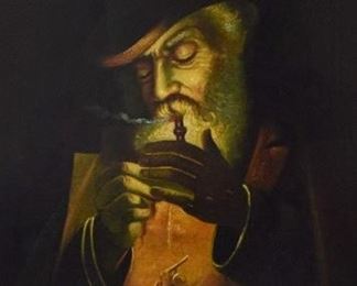 29	Oil on Board Portrait of a Man	Unsigned oil on board portrait of a man smoking a pipe. 23 1/2" x 17 1/2" (overall 29" x 23").