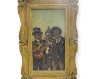 30	Oil on Board Musicians	Unsigned oil on board three musicians. 16" x 8 1/4" (overall 22" x 15"). Paint loss along top edge, losses to frame.