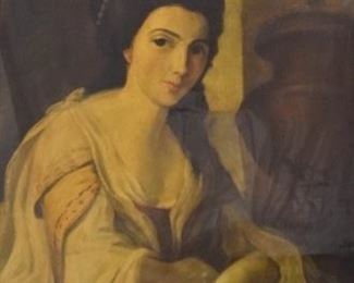 31	After Sir Francis Cotes Oil on Paper Portrait	After Sir Francis Cotes (English, 1726-1770). Oil on paper laid down on board portrait of a lady. Signed lower right Sir Francis Cotes. 37 1/2" x 26" (overall 42" x 30"). Pinholes in top corner, tear on hands.