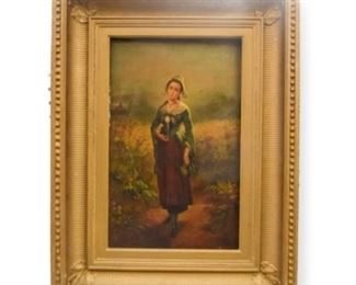 34	Oil on Board Portrait of a Girl	Unsigned oil on board portrait of a girl in landscape. 14" x 9" (overall 22" x 16 1/2"). Paint loss along edges behind frame.