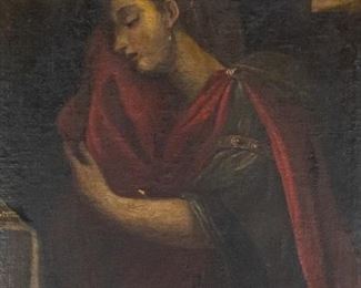 35	Oil on Canvas Portrait of a Woman	Old masters style oil on canvas portrait of a woman. Unsigned. 22 1/2" x 19 1/2" (with frame 28" x 25"). Tear and paint loss in center, tear and paint loss upper left.