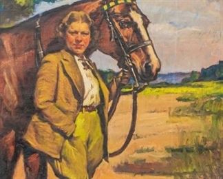 37	Sandor Vago Oil on Canvas Equestrian Portrait	Sandor Vago (Hungarian/American, Ohio, 1887-1946). Oil on canvas portrait of a woman with a horse. Signed lower right. Paint loss and scratches across top. 38 1/2 x 31 1/2" (with frame 43" x 36")