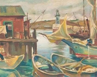 39	Pal Udvary Oil on Canvas Ships	Pal Udvary (Hungarian 1900-1987) Oil on canvas boats in a harbor with fishermen. Signed lower left "P Udvary". Losses to wood and paint of frame. 16" x 24", with frame 23" x 31"